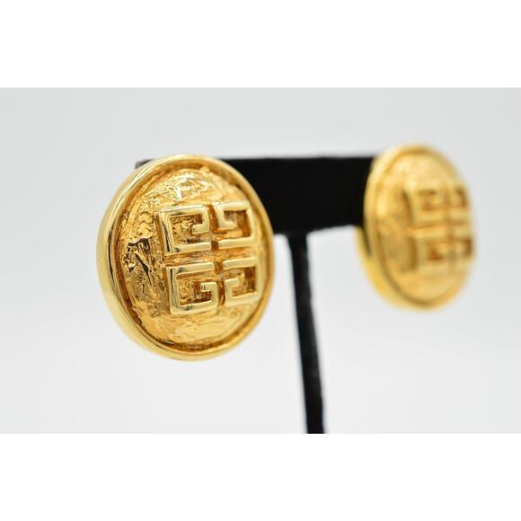 Givenchy Vintage Puffy Logo Clip On Earrings Gold 4G Chunky Parfums Signed Bin1 - Picture 3 of 12